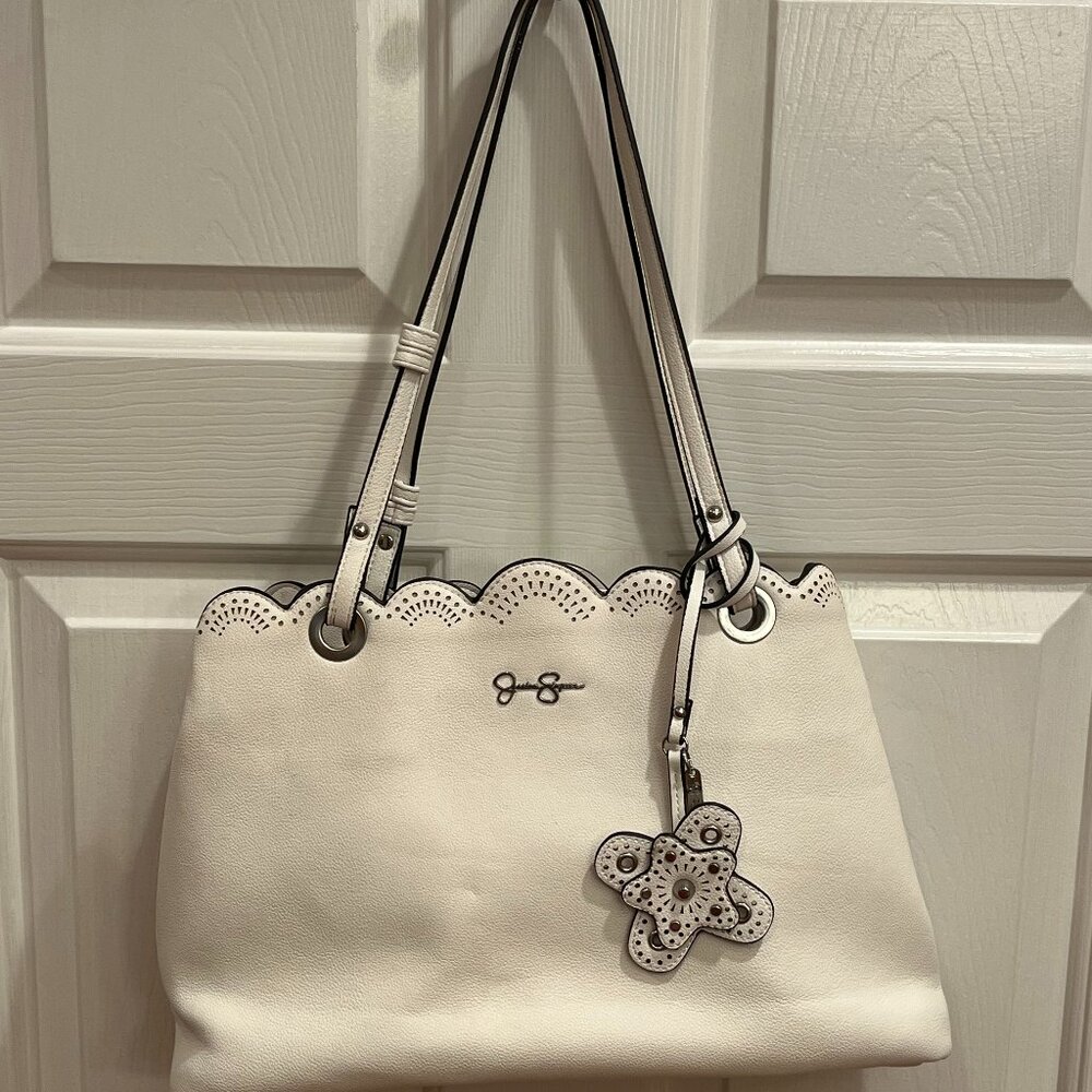 essica Simpson Faux Leather Handbag Purse White Eyelet Lace Flower Bag Charm